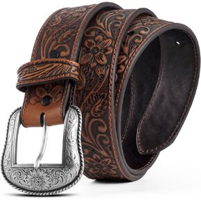 West style Genuine Leather Western Belt Strap for Men with Buckle 1.5" Wide Floral Engraved Embossed Leather Belt Strap