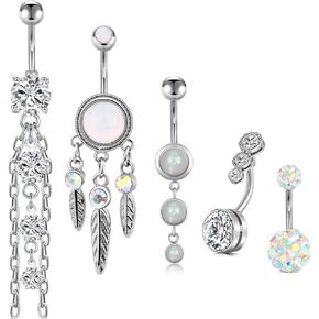FECTAS 14g Belly Button Rings Surgical Steel Dangle CZ Navel Ring Barbell for Women Girls Body Piercing Jewelry Rose Gold Silver