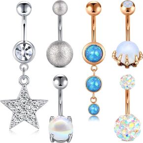 FECTAS 14g Belly Button Rings Surgical Steel Dangle CZ Navel Ring Barbell for Women Girls Body Piercing Jewelry Rose Gold Silver