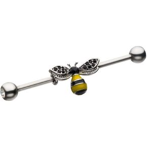Pierced Owl Honey Bee with Black CZ Crystal Wings Stainless Steel Industrial Barbell