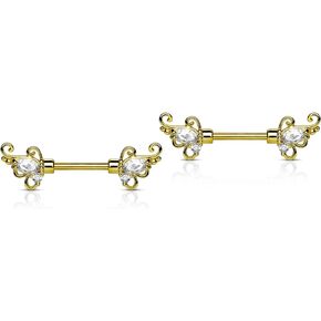 Forbidden Body Jewelry 14g 1/2 Inch (12mm) Surgical Steel & Gold Plated Floral CZ Crystal Nipple Ring Barbell Set