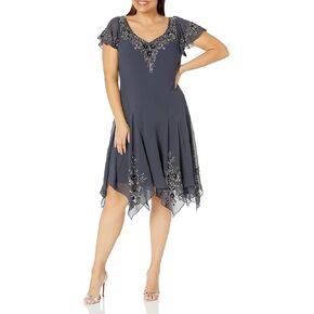 J Kara Women's Plus Size Flutter Sleeve Hanky Hem Cocktail Beaded Dress in Kuwait