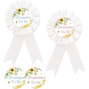 Grandma To Bee Tinplate Badge Pin, Grandpa To Bee Button Pin, White Rosette Award Ribbon Pin for Gender Reveal, New Grandparents Gifts for Bee Themed Baby Shower Party Celebration - 2PCS