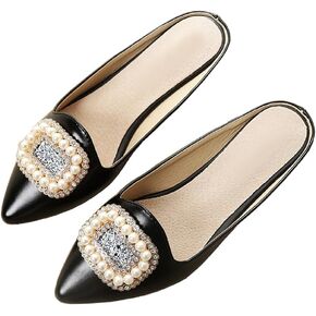 Rhinestone Mules for Women Flats Shoes Slip On Backless Loafer Pointed Toe Dress Mule Slides