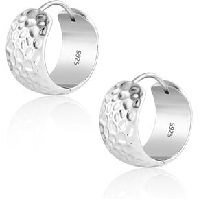 Sterling Silver Hammered Small Chunky Hoop Earrings for Women Hypoallergenic Texture Thick Hoop Earrings Wide Hoop Earrings