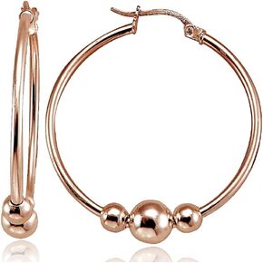 Hoops & Loops 925 Sterling Silver Beaded Ball Click-Top 30mm Hoop Earrings for Women & Teen Girls | Sterling Silver, Yellow & Rose Gold Flash Plated
