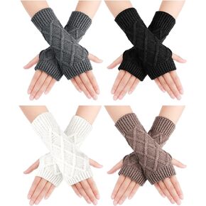Newcotte 4 Pairs Fingerless Warm Gloves Rhombus Half Warm Gloves Women Knit Fingerless Driving Gloves Arm Warmers Mittens with Thumb Hole for Winter, 4 Colors