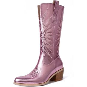 Cowboy Boots for Women, Metallic Boots Embroidery Pointed Toe Chunky Heel Pull On Mid Calf Cowgirl Boots