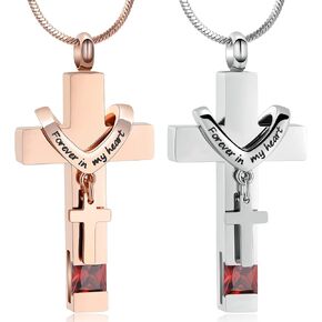 2PCS Stainless Steel Double Cross Necklace Memorial Cremation Ashes Urn Pendant Necklace Keepsake Jewelry for Adult Ashes with Birthstone