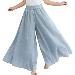 BININBOX Women's Casual Elastic High Waist Wide Leg Cotton Linen Pants Trousers Skirt Elegant Flowy Wide Leg Pants Loose