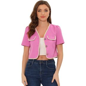 Allegra K Tweed Blazer Cardigan for Women's Collarless Contrast Trim Short Sleeve Dressy Casual Jacket
