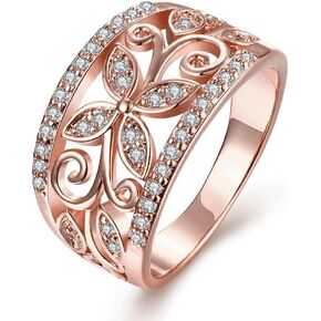 Rose Gold Plated Wide Hollow Flower Butterfly Anniversary Cocktail Statement Rings for Women CR098