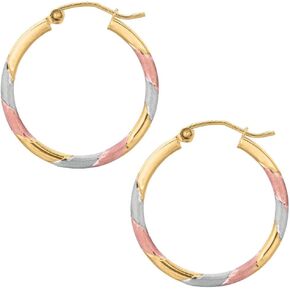14k REAL Tricolor Yellow and White and Rose/Pink Gold 25MMx3.0 Thickness Classic Round Tube Hoop Earrings with Snap Post Closure For Women