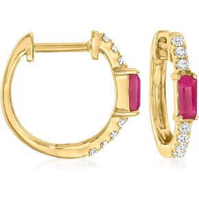 RS Pure by Ross-Simons 0.30 ct. t.w. Ruby and .11 ct. t.w. Diamond Huggie Hoop Earrings in 14kt Yellow Gold