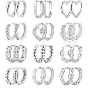 FUNEIA 12 زوجًا من أقراط هوجي مطلية بالذهب عيار 14 قيراط للنساء مكعب زركونيا أقراط دائرية صغيرة مضادة للحساسية مجموعة أقراط غضروف فضية متعددة الثقب للمجوهرات الذهبية للنساء in Kuwait