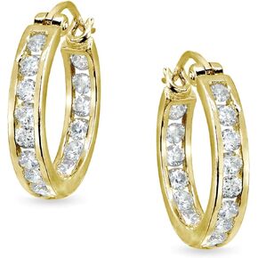 Sterling Silver 3mm Channel-Set Inside Out Cubic Zirconia Round Hoop Earrings, Options Available