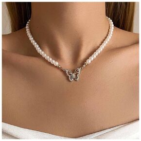 Erimberate Bohemian Crystal Butterfly Pendant Necklace Vintage Pearl Choker Necklace Rhinestone Butterfly Necklace Chain Short Pearl Chain Necklace Jewelry for Women and Girls