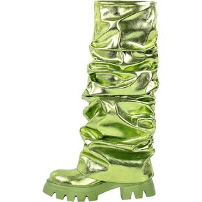 richealnini Metallic Knee High Boots for Women Round Toe Platform Heel Pull On Slouch Boots
