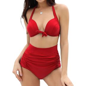 SHEKINI Women's Vintage Bikini Set Halter Ruched Two Piece Swimsuit Triangle High Waist Bathing Suit