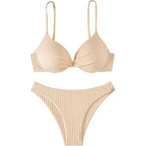 WDIRARA Women's 2 Piece Swimsuit Ribbed Knit Push Up Wireless Bikini Set Bathing Suits