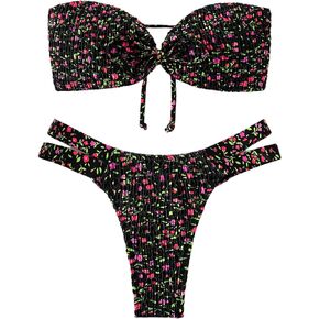 WDIRARA Women's Floral Print Tie Front Cut Out Strapless Smocked Bandeau Bikini Swimsuit 2 Piece Bathing Suit
