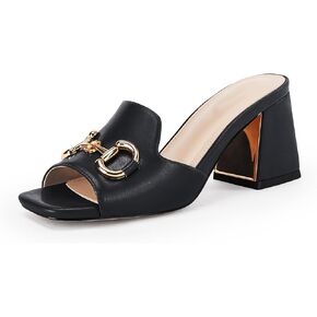 gihubafuil Women's Sandals Peep Toe Slides Chunky Heel Mules Single Band Comfort Slip-on Shoes with Metal Chain for Spring Summer