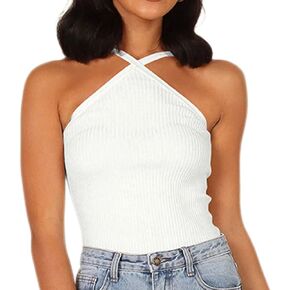 Sdencin Women Sexy Criss Cross Ribbed Knit Halter Crop Cami Sleeveless Backless Slim Fit Solid Casual Cropped Tank Top
