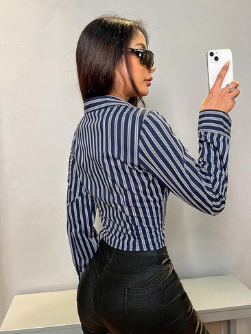 Floerns Women's Striped Print Flap Pocket Button Down Lapel Collar Shirt Blouse in Saudi Arabia