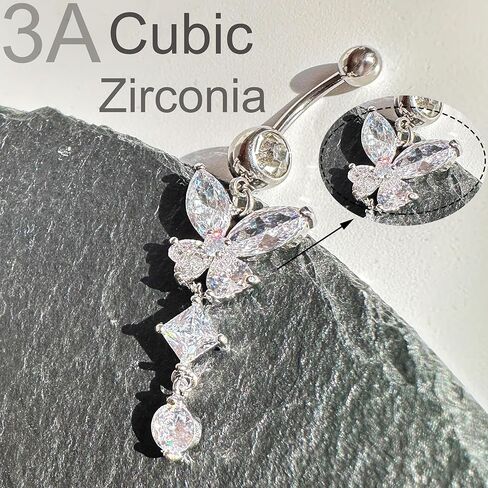 خاتم سرة البطن المتدلي على شكل فراشة 14 غرام من كوناسشير، 10 ملم، قضيب ثقب السرة من الزركونيا المكعب، مجوهرات ثقب البطن من الستانلس ستيل، مجوهرات للجسم in Kuwait