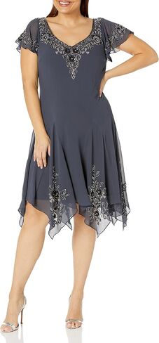 J Kara Women's Plus Size Flutter Sleeve Hanky Hem Cocktail Beaded Dress in Kuwait