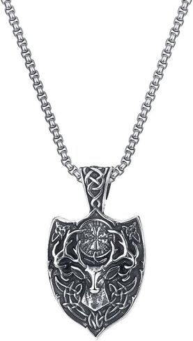 Deer Shield Necklace for Men, Hip Hop Deer Necklace, Norse Viking Celtic Deer Head Pendant Necklace with 23.6"Chain, Stainless Steel Punk Rock Reindeer Pendant, Vintage Animal Elk Deer Necklace Jewelry Gift for Men Boys in Saudi Arabia