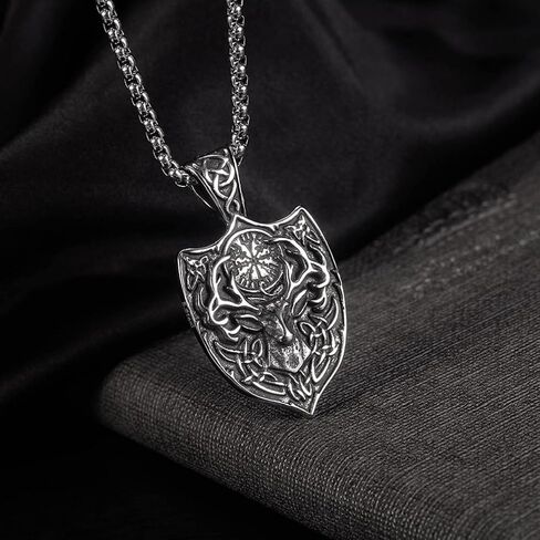 Deer Shield Necklace for Men, Hip Hop Deer Necklace, Norse Viking Celtic Deer Head Pendant Necklace with 23.6"Chain, Stainless Steel Punk Rock Reindeer Pendant, Vintage Animal Elk Deer Necklace Jewelry Gift for Men Boys in Saudi Arabia