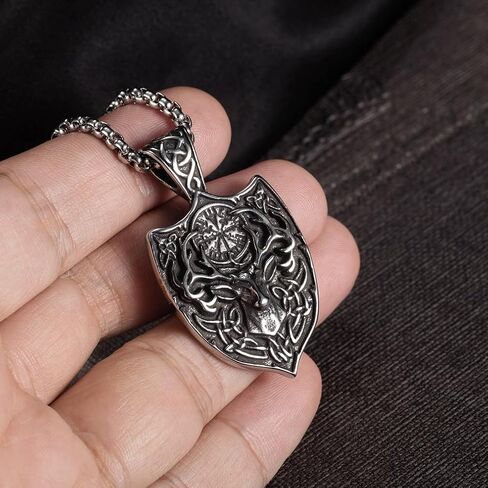 Deer Shield Necklace for Men, Hip Hop Deer Necklace, Norse Viking Celtic Deer Head Pendant Necklace with 23.6"Chain, Stainless Steel Punk Rock Reindeer Pendant, Vintage Animal Elk Deer Necklace Jewelry Gift for Men Boys in Saudi Arabia
