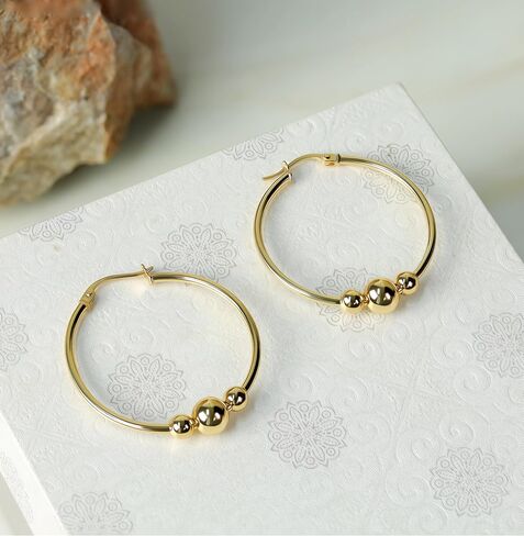 Hoops & Loops 925 Sterling Silver Beaded Ball Click-Top 30mm Hoop Earrings for Women & Teen Girls | Sterling Silver, Yellow & Rose Gold Flash Plated in Saudi Arabia
