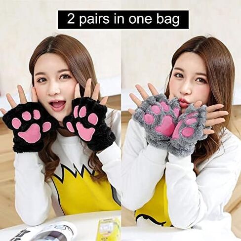 Bienvenu 2 حزمة قفازات دافئة بدون أصابع للنساء، قفازات قطيفة قطيفة، قفازات شتوية على شكل الدب والقطط in Kuwait