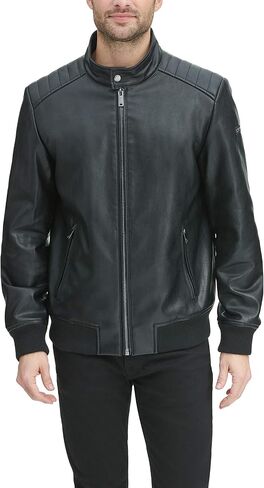 سترة DKNY الرجالية من الجلد الصناعي Darren Racer Bomber in Saudi Arabia
