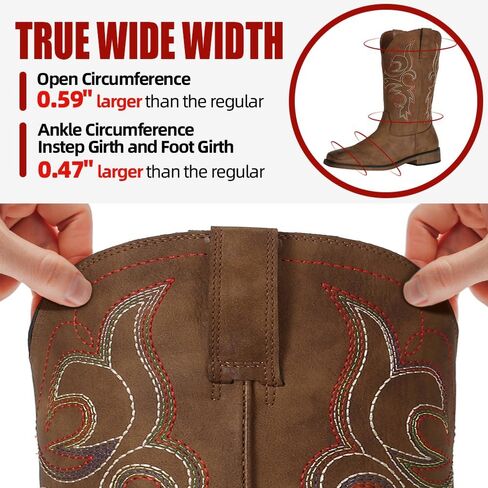 SheSole Wide Calf Cowboy Boots Women Square Toe Western Embroidered Mid Calf Cowgirl Boots, Pull On & Padded Insole Low Heel Fashion Boots for Country Concerts & Work Casual Everyday Style in Saudi Arabia