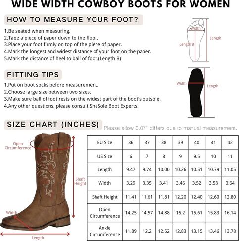 SheSole Wide Calf Cowboy Boots Women Square Toe Western Embroidered Mid Calf Cowgirl Boots, Pull On & Padded Insole Low Heel Fashion Boots for Country Concerts & Work Casual Everyday Style in Saudi Arabia