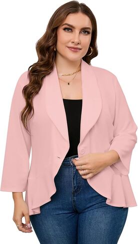 Women Plus Size Button Casual Blazer Open Front 3/4 Sleeves Work Office Blazer Jacket in Saudi Arabia