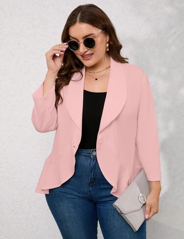 Women Plus Size Button Casual Blazer Open Front 3/4 Sleeves Work Office Blazer Jacket in Saudi Arabia
