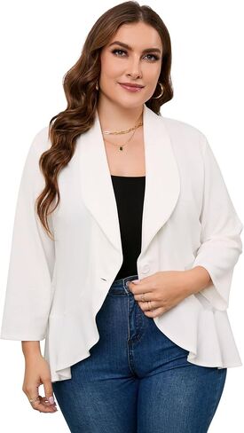 Women Plus Size Button Casual Blazer Open Front 3/4 Sleeves Work Office Blazer Jacket in Saudi Arabia