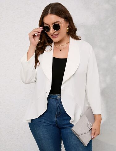Women Plus Size Button Casual Blazer Open Front 3/4 Sleeves Work Office Blazer Jacket in Saudi Arabia