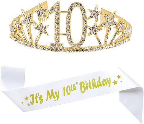 Happy 10th Birthday Tiara and Sash Gifts Crystal Rhinestone Princess Crown Birthday Girl Party Favor Supplies Gold Crowns White Sash in Saudi Arabia