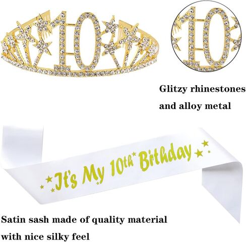 Happy 10th Birthday Tiara and Sash Gifts Crystal Rhinestone Princess Crown Birthday Girl Party Favor Supplies Gold Crowns White Sash in Saudi Arabia