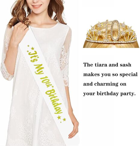 Happy 10th Birthday Tiara and Sash Gifts Crystal Rhinestone Princess Crown Birthday Girl Party Favor Supplies Gold Crowns White Sash in Saudi Arabia
