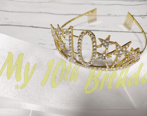 Happy 10th Birthday Tiara and Sash Gifts Crystal Rhinestone Princess Crown Birthday Girl Party Favor Supplies Gold Crowns White Sash in Saudi Arabia