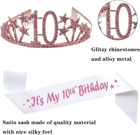 Happy 10th Birthday Tiara and Sash Gifts Crystal Rhinestone Princess Crown Birthday Girl Party Favor Supplies Gold Crowns White Sash in Saudi Arabia