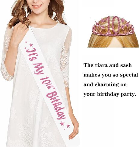 Happy 10th Birthday Tiara and Sash Gifts Crystal Rhinestone Princess Crown Birthday Girl Party Favor Supplies Gold Crowns White Sash in Saudi Arabia