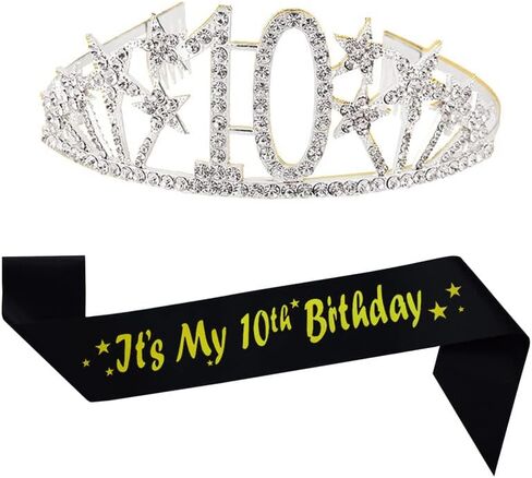 Happy 10th Birthday Tiara and Sash Gifts Crystal Rhinestone Princess Crown Birthday Girl Party Favor Supplies Gold Crowns White Sash in Saudi Arabia