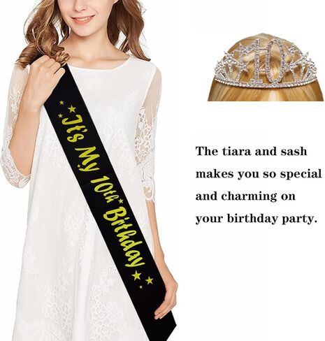 Happy 10th Birthday Tiara and Sash Gifts Crystal Rhinestone Princess Crown Birthday Girl Party Favor Supplies Gold Crowns White Sash in Saudi Arabia